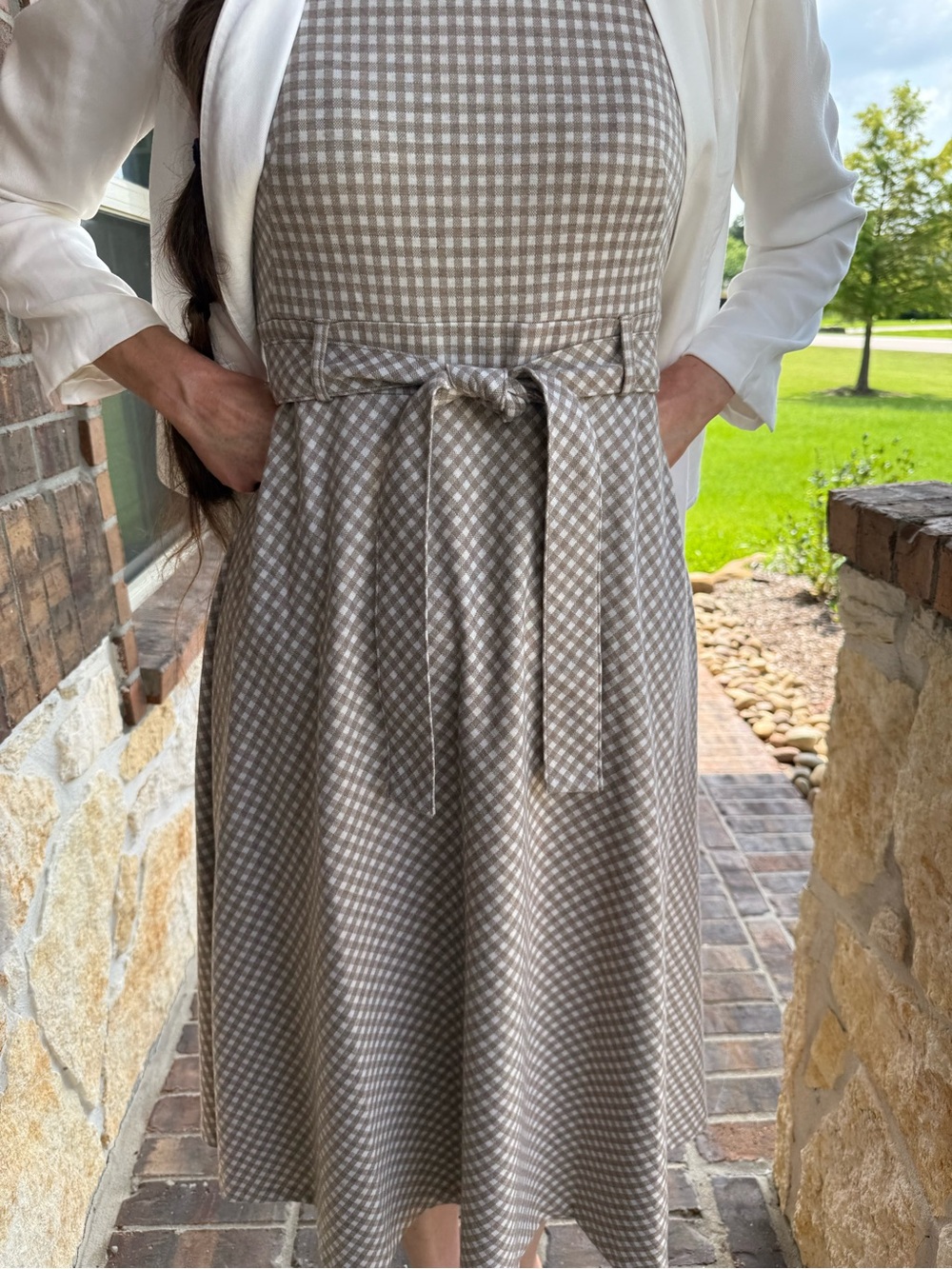 Calvin Klein Taupe and White Gingham Sleeveless Midi Dress